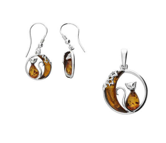Cognac Amber Cat Moon and Star Pendant and Earrings Solid Sterling Silver 925