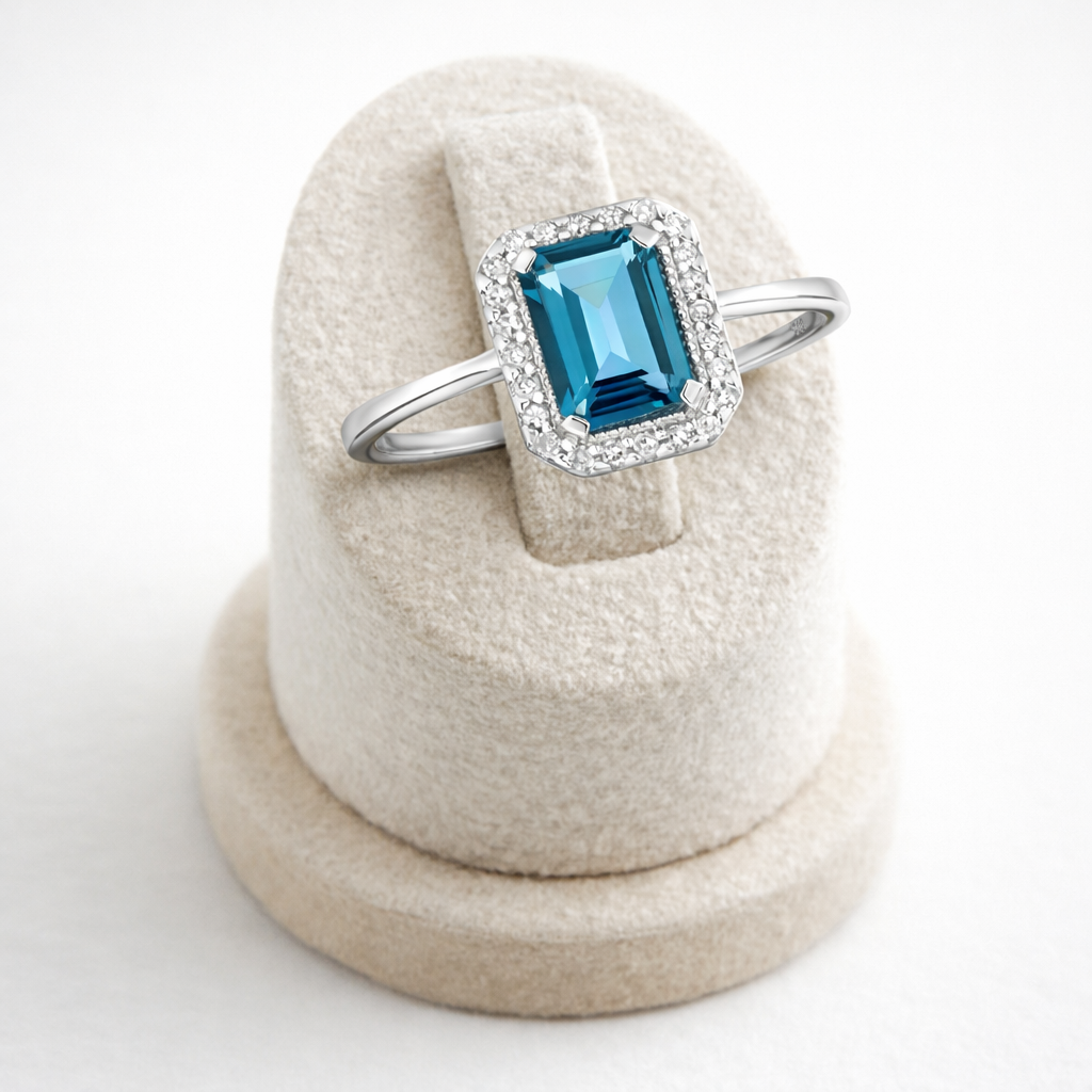 London Blue Topaz and Diamond Ring 9ct White Gold Emerald Cut Cluster Size J - Q