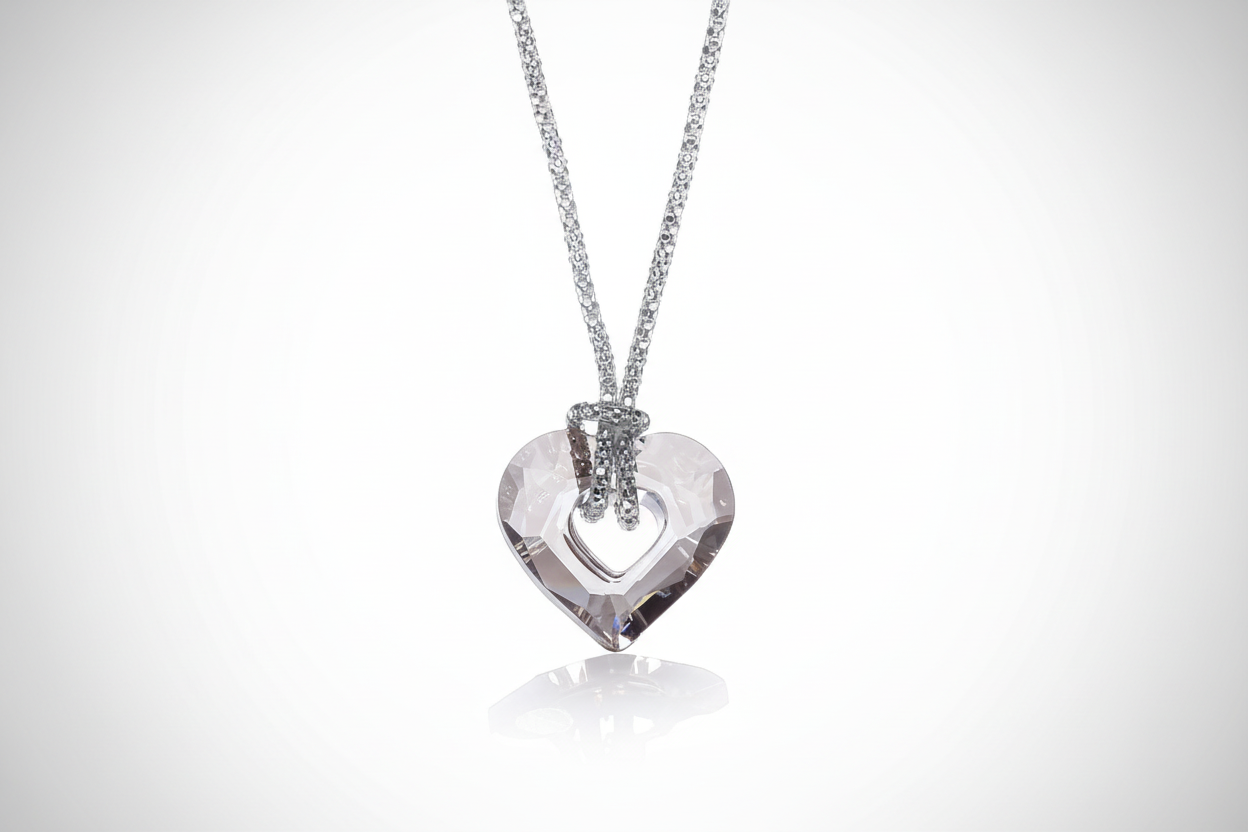 Crystal Heart Necklace Solid Sterling Silver 17" Length Luxurious Packaging