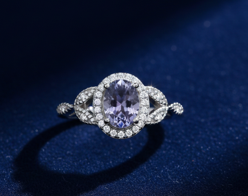 Sterling Silver Tanzanite Ring Vintage Style Oval Halo 925 Hallmark Size K-S