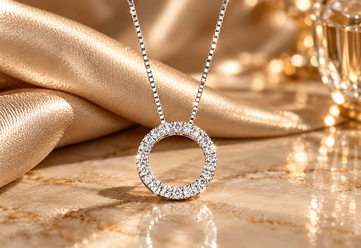 Diamond Round Circle Pendant Necklace 9ct White Gold 18" Chain