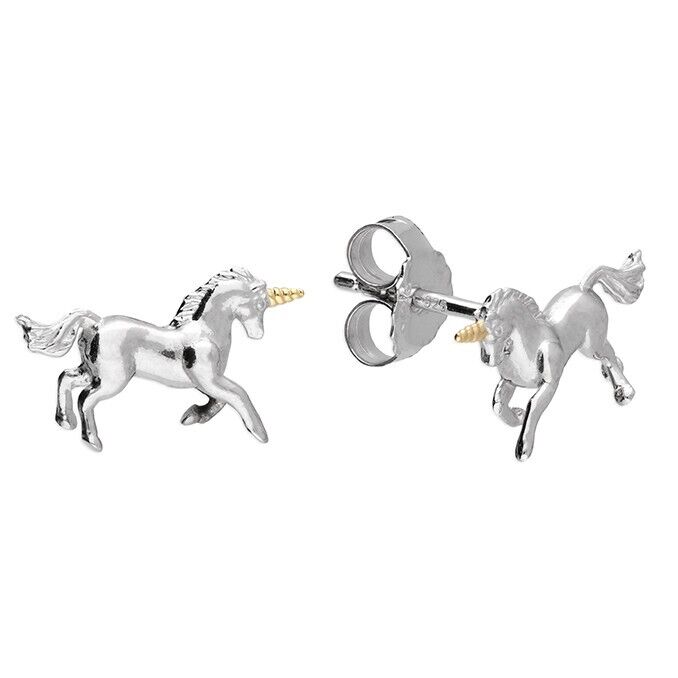 Beautiful Unicorn Stud Earrings 18ct Gold Detail 925 Sterling Silver