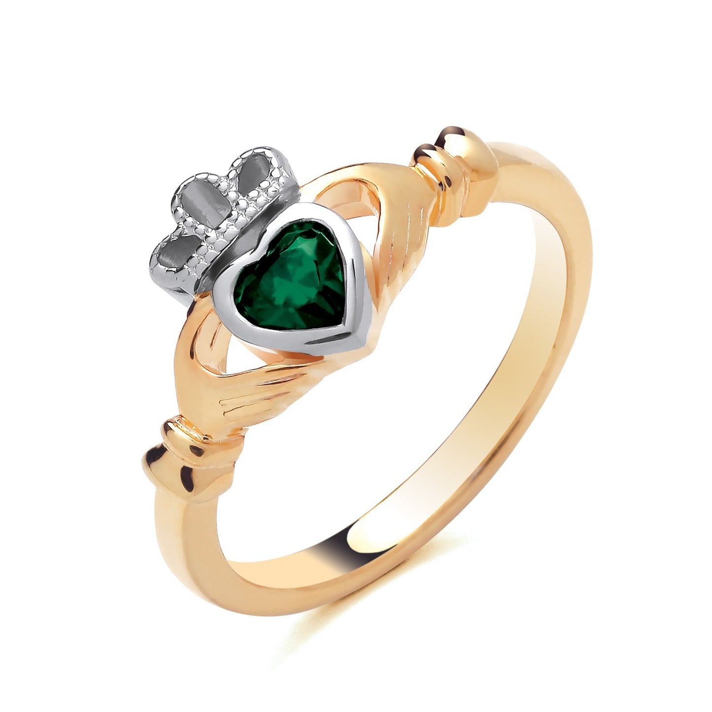18ct Gold Emerald Claddagh Ring on Solid Sterling Silver  925 Hallmark