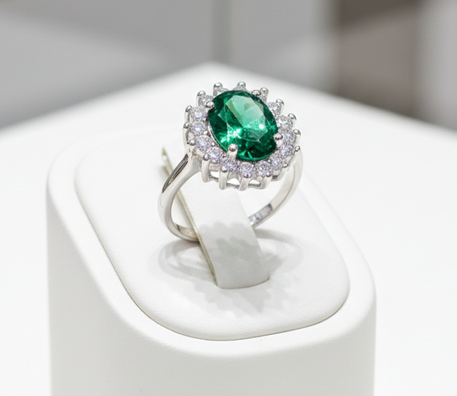 Sterling Silver Emerald Ring Large Cluster Engagement 925 Hallmark Size K-S