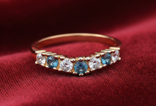 18ct Gold Aquamarine Wishbone Ring Anniversary Band on Solid Silver Size K-U