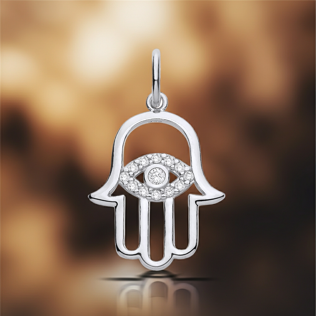 Hand of Hamsa Pendant Zircon Gemstones Solid Sterling Silver 925 Hallmark