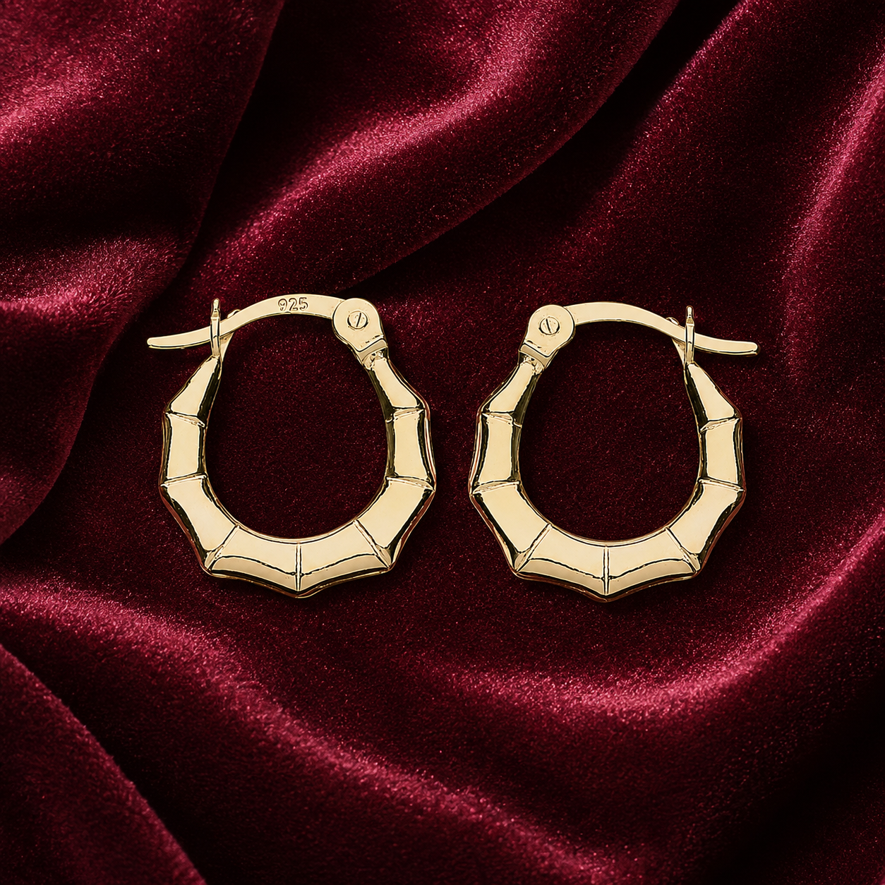Bamboo Creole Hoop Earrings Polished 18ct Gold 925 Sterling Silver 15mm