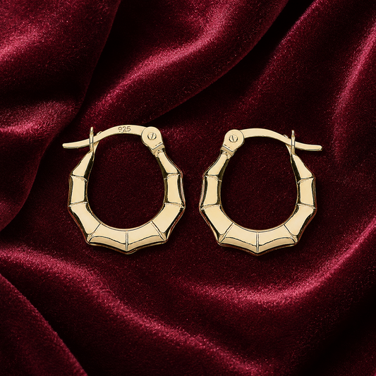 Bamboo Creole Hoop Earrings Polished 18ct Gold 925 Sterling Silver 15mm