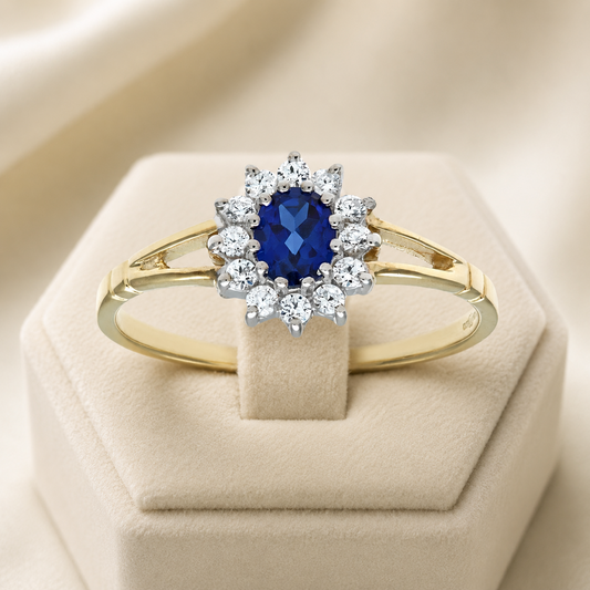 Sapphire Oval Cluster Ring Solid 9ct Yellow Gold Hallmark Sizes HIJKLMNOPQRSTUV