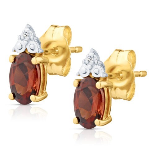 Yellow Gold Natural Garnet & Diamond Accent Oval Stud Earrings