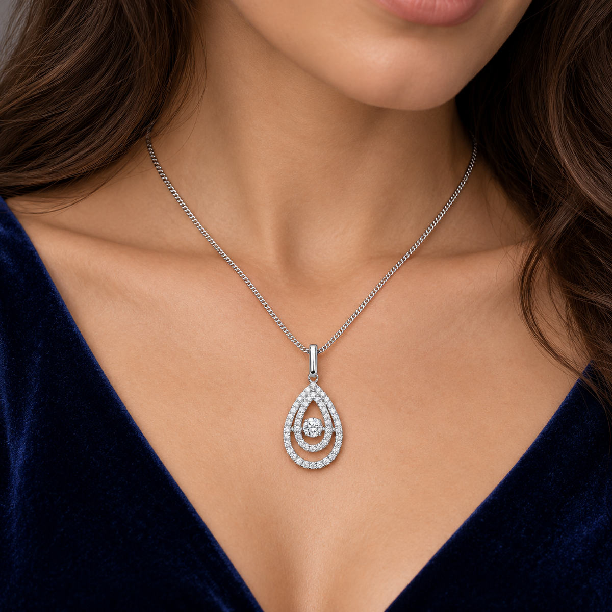Dancing Diamond Teardrop Pendant 9ct White Gold 18" / 45cm 0.38ctw Real Diamonds