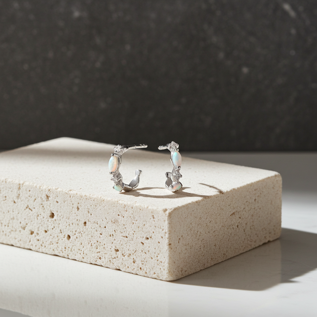 Opal Huggie Earrings Solid Sterling Silver 12mm 925 Hallmark