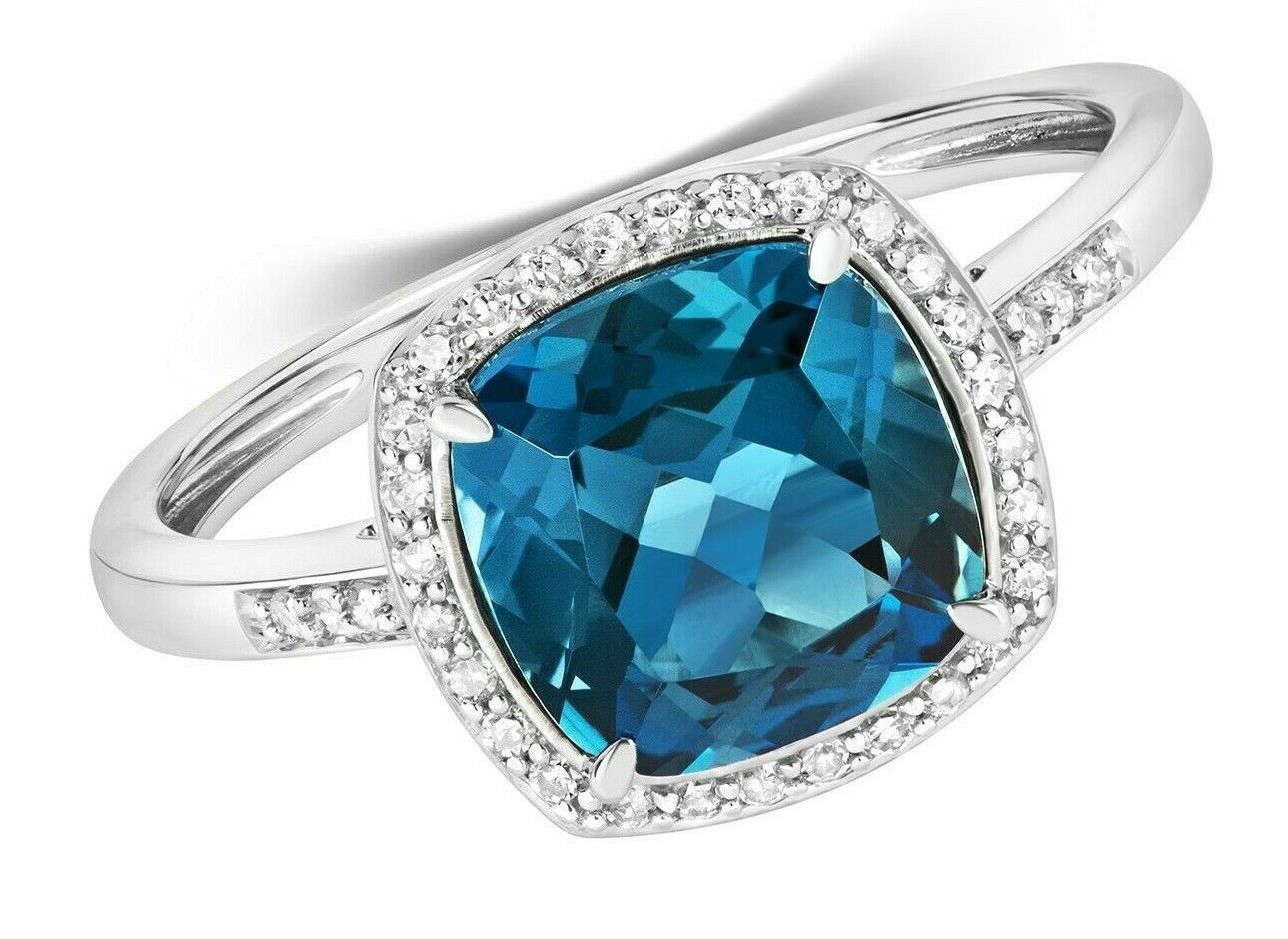 Real London Blue Topaz and Diamond Ring Solid White Gold 8mm Cushion Cluster