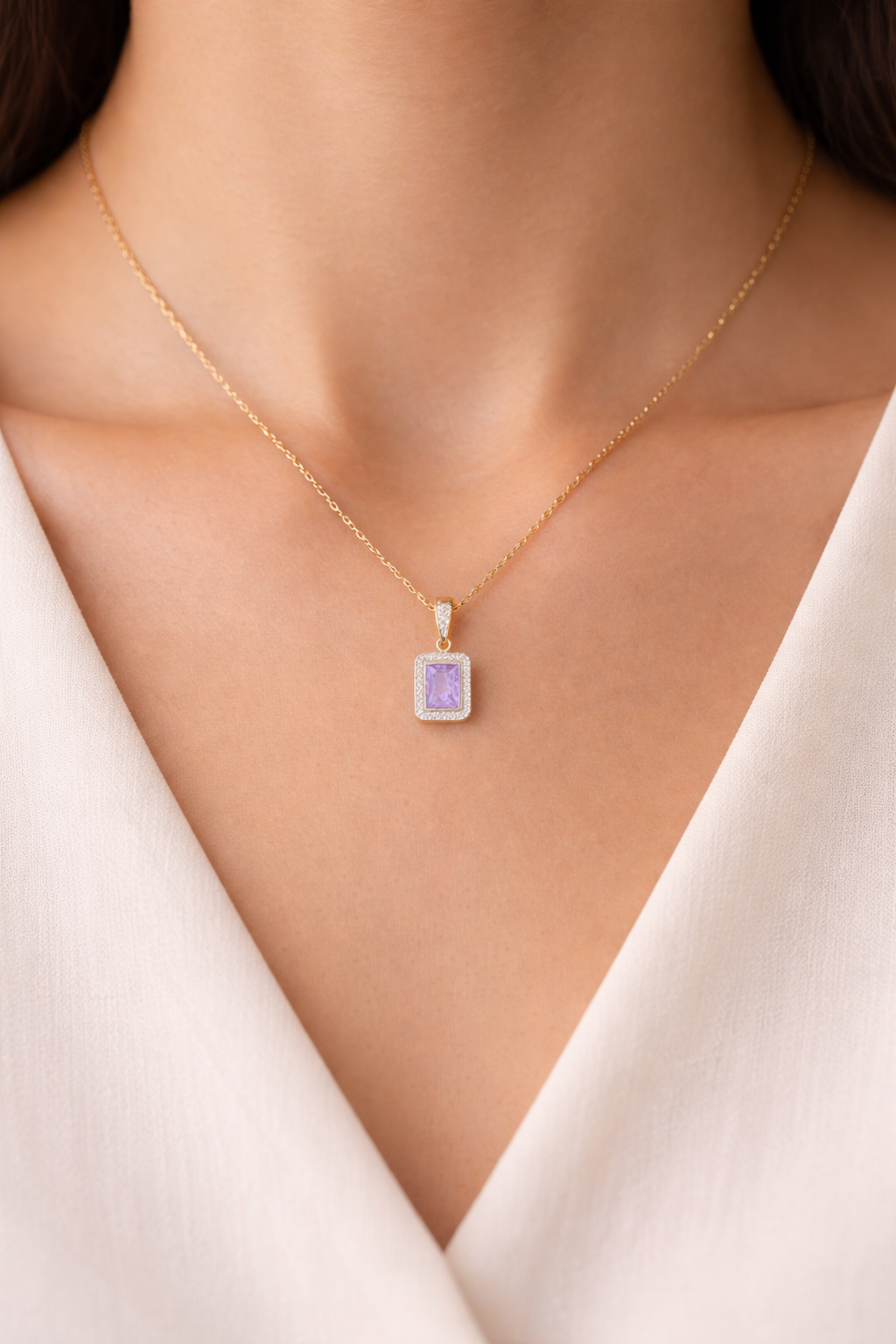 Amethyst Pendant With Diamond Halo Solid Yellow Gold 18" 46cm Length Chain