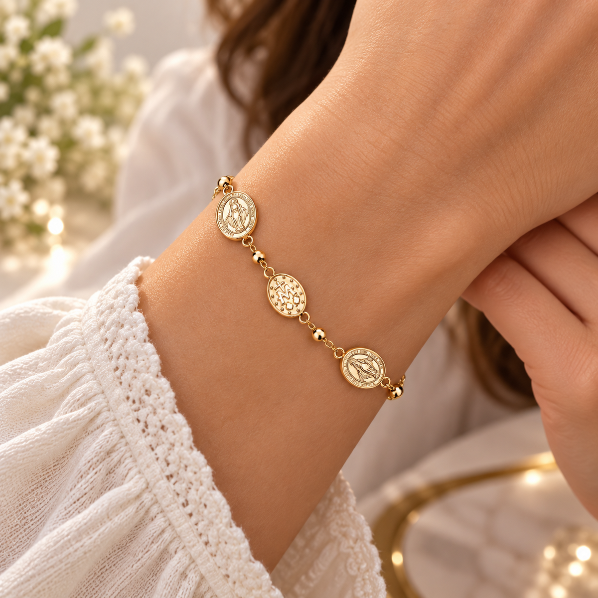 18ct Gold Religious Miraculous Medal Bracelet Virgin Mary on Sterling Silver