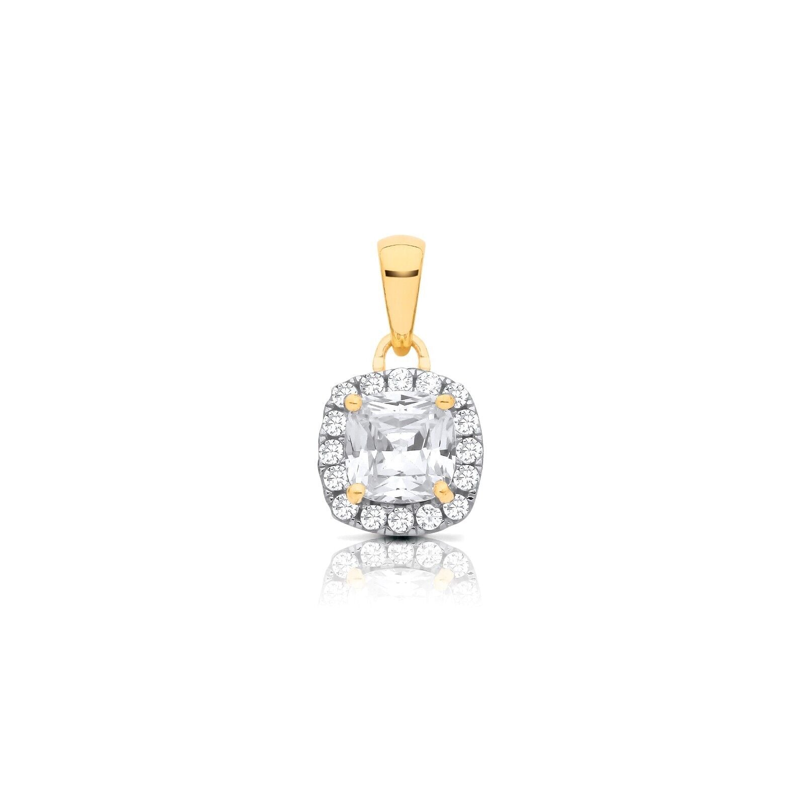 Zircon Cushion Cluster Pendant Solid 9ct Yellow Gold 18" Chain Hallmarked