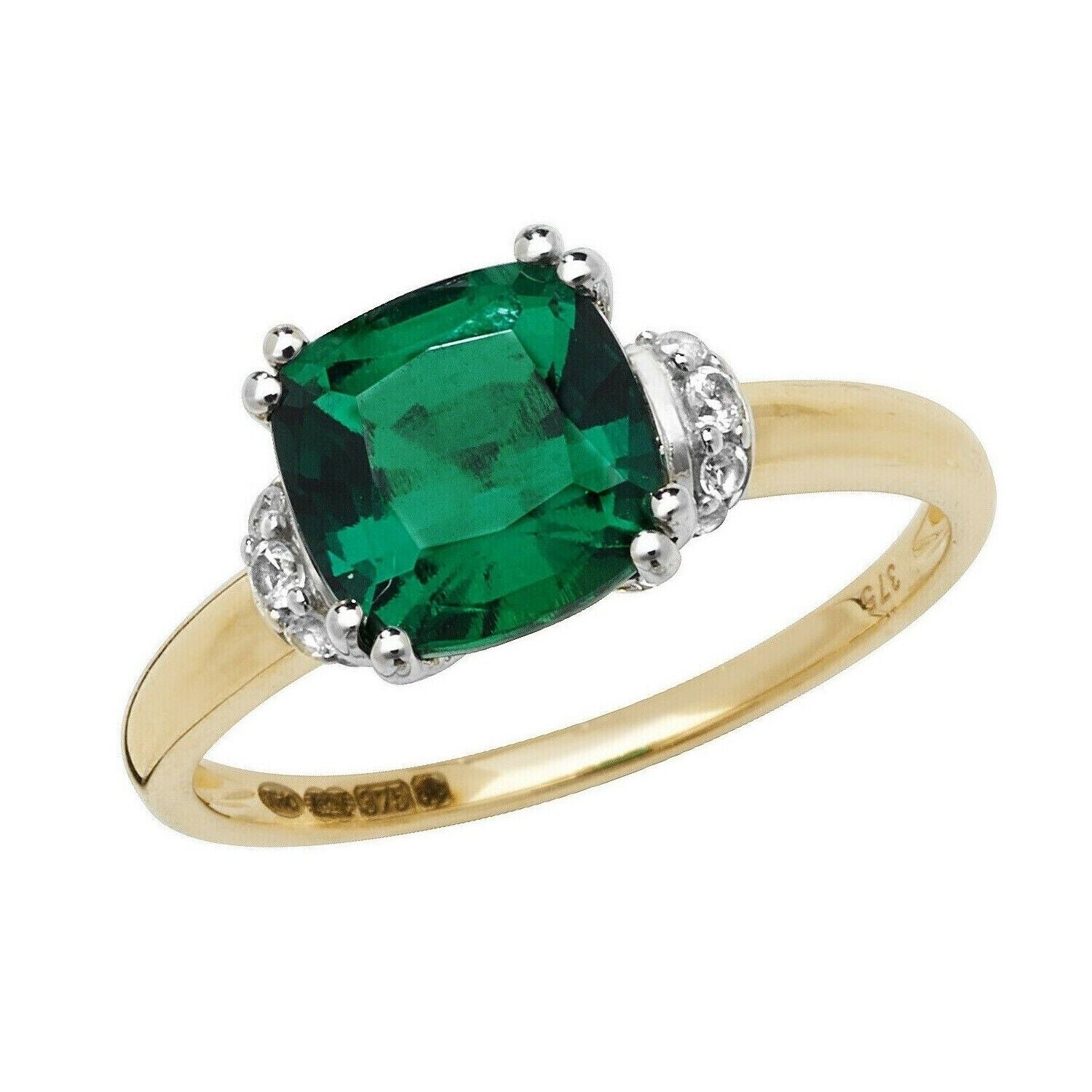 Yellow Gold Emerald Ring Solitaire Cushion White Sapphire Engagement Hallmarked