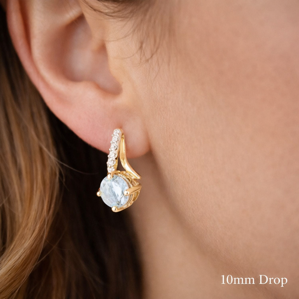 Sky Blue Topaz and Diamond Earrings Solid 9ct Yellow Gold Drops Hallmarked