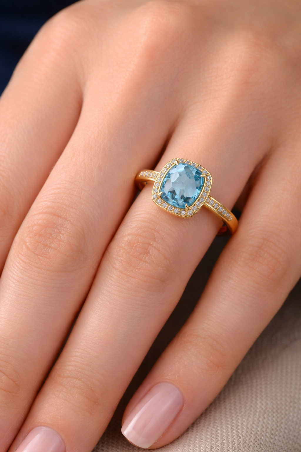 Swiss Blue Topaz and Diamond Ring 9ct Yellow Gold Cushion Cluster Size JKLMNOPQ