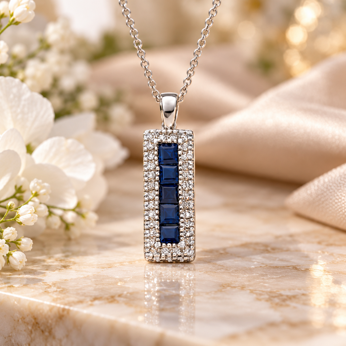 Elegant Blue Sapphire Rectangle Pendant With Real Diamonds White Gold 18" Chain