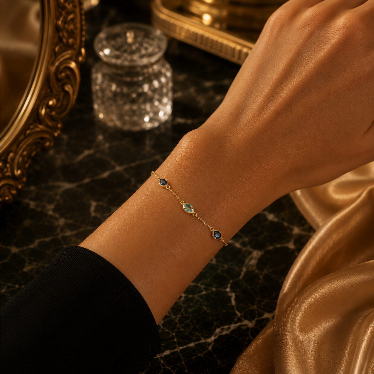 Blue Topaz Station Bracelet Yellow Gold 375 Hallmark 17.5-19cm