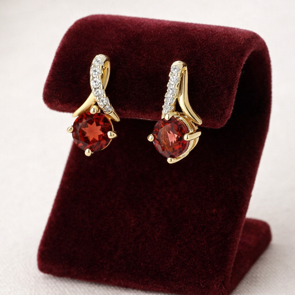 Natural Garnet and Diamond Earrings Solid 9ct Yellow Gold Drops Hallmarked