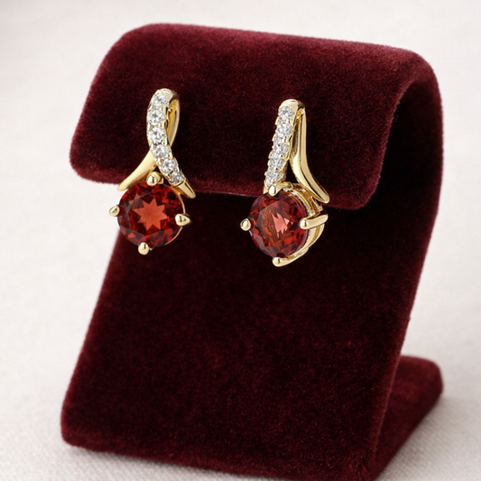 Natural Garnet and Diamond Earrings Solid 9ct Yellow Gold Drops Hallmarked
