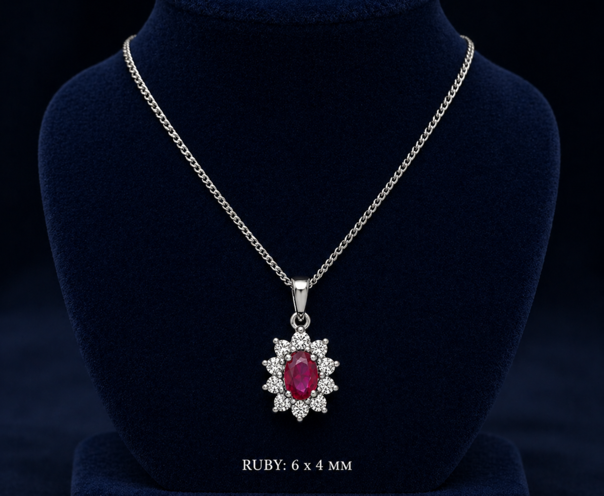 Ruby Oval Cluster Pendant With 0.33ctw Diamond 18ct White Gold 18" 46cm Chain