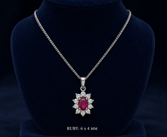 Ruby Oval Cluster Pendant With 0.33ctw Diamond 18ct White Gold 18" 46cm Chain
