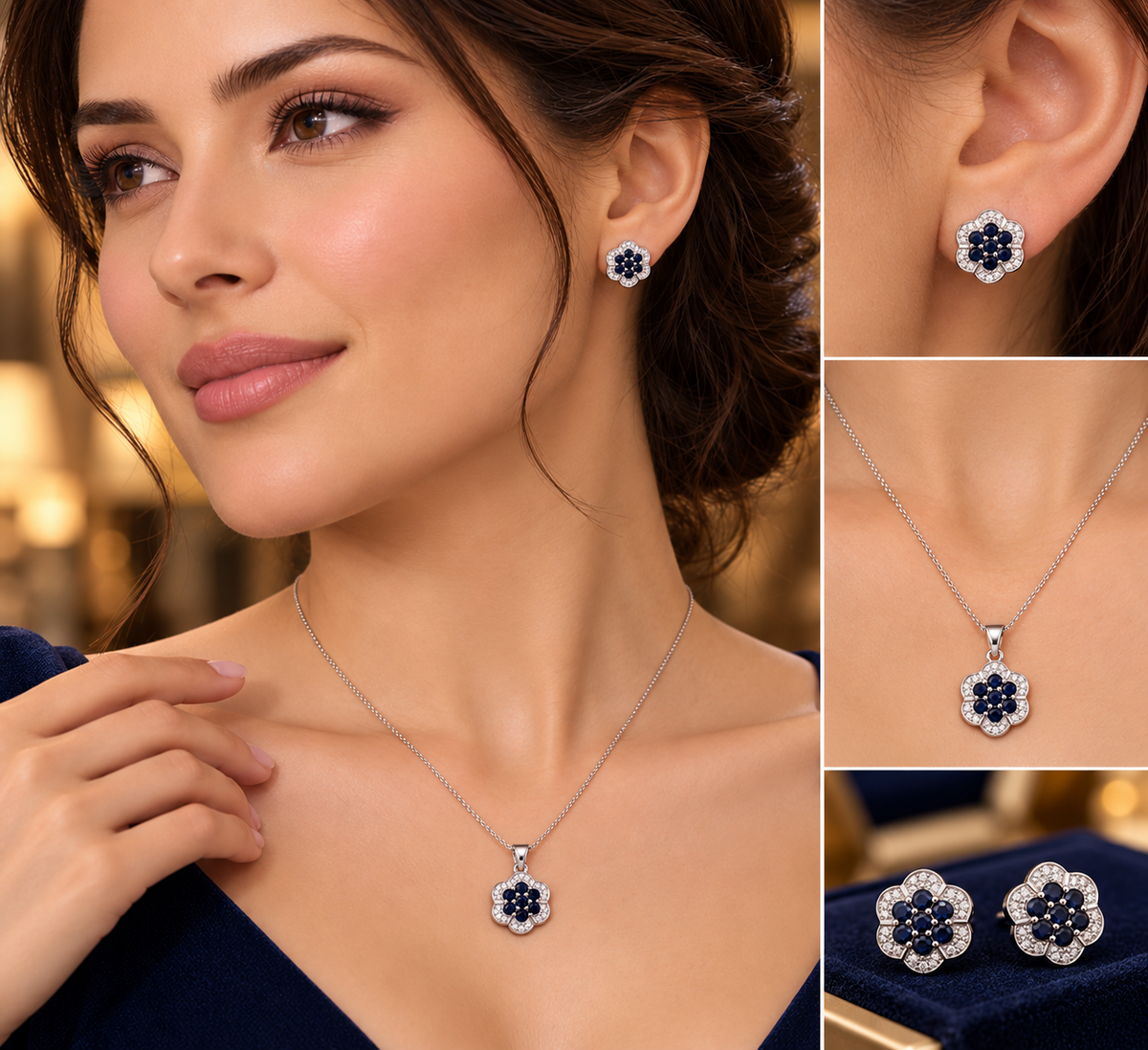 Real Sapphire and Diamond Matching Set Solid Sterling Silver 925 18" Chain