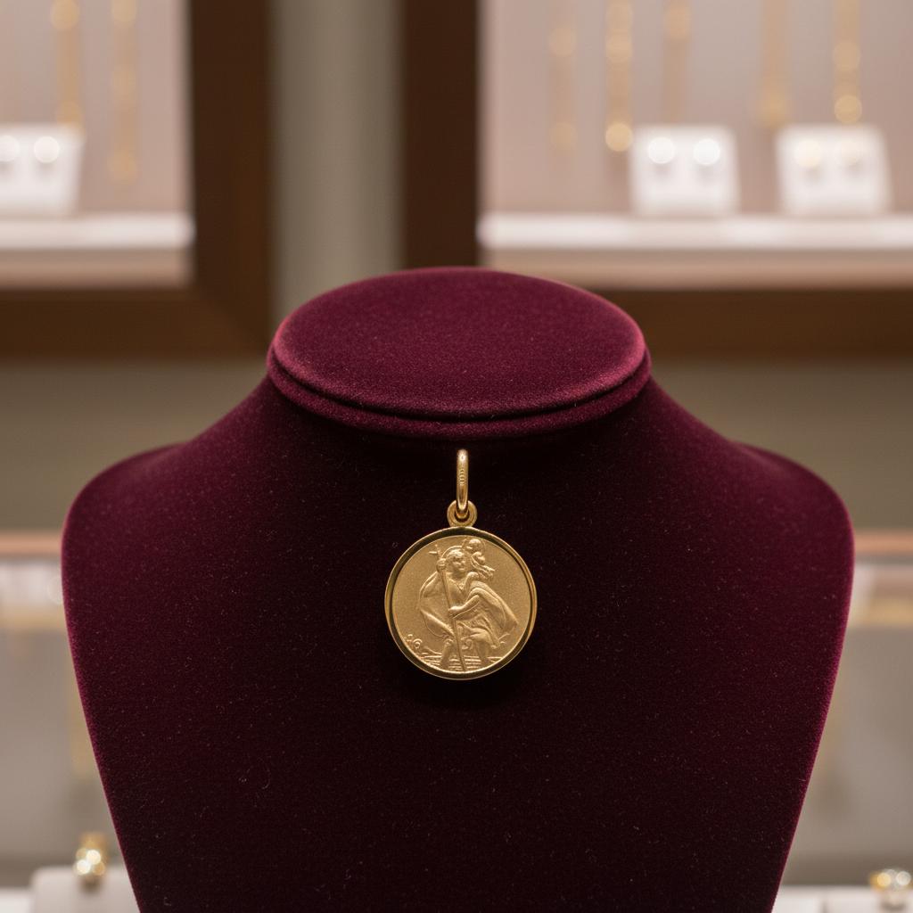 18ct Gold St Christopher Pendant on Solid Sterling Silver 925 Hallmark 14mm
