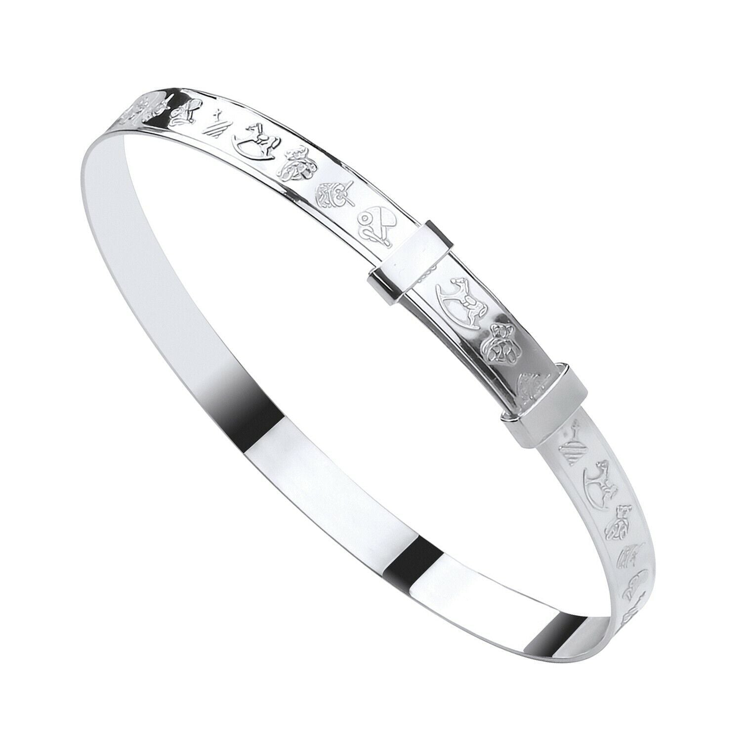 Silver Baby Bangle Embossed with Rocking horse, Baby Rattle, Teddy, Pram, Drums