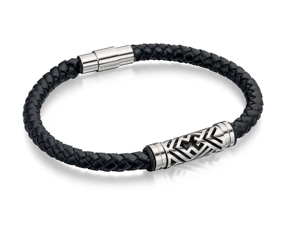 Fred Bennett Black Plaited Leather Bracelet with Steel Section 21cm B4725
