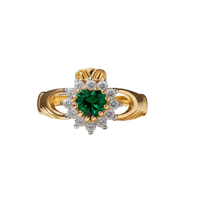 18ct Gold Emerald Claddagh Ring on Solid Sterling Silver  925 Hallmark