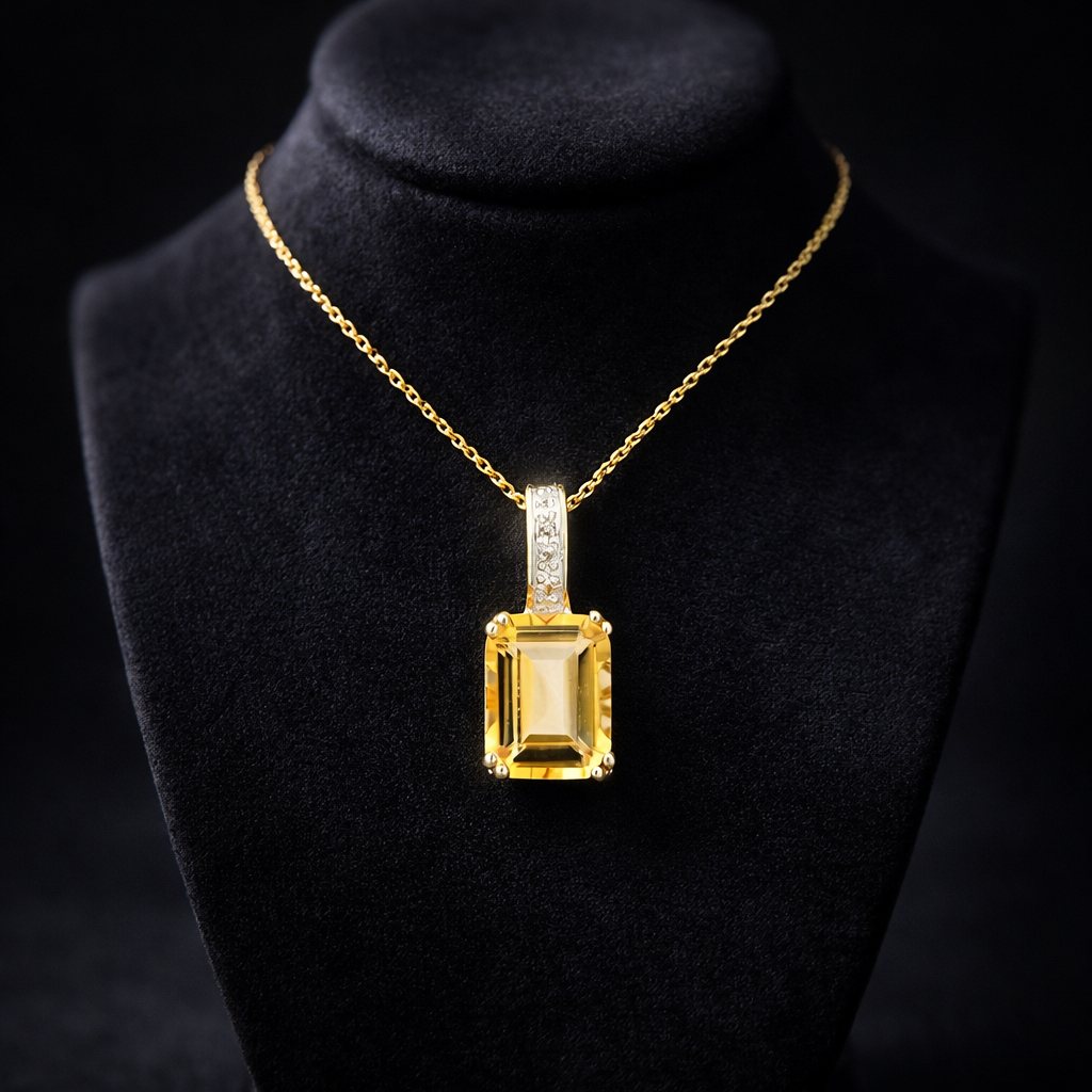 Natural Citrine Pendant With Diamonds 9ct Yellow Gold 18" 46cm Length Chain