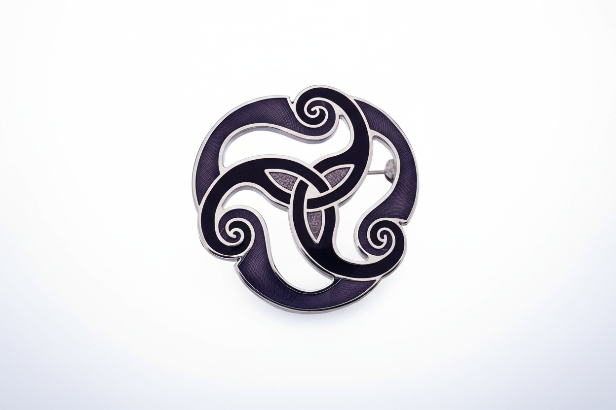Purple Celtic Triskele Brooch Silver Plated Brand New Gift Packaging