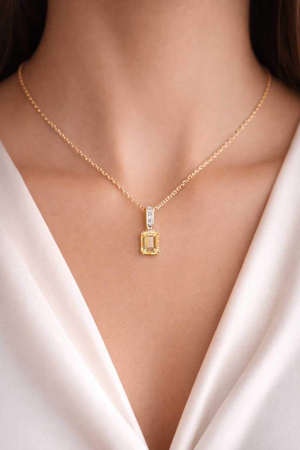 Natural Citrine Pendant With Diamonds 9ct Yellow Gold 18" 46cm Length Chain