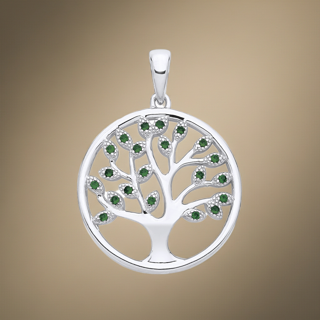 Emerald Tree of Life Pendant Solid Sterling Silver 925 Hallmark 18" Chain