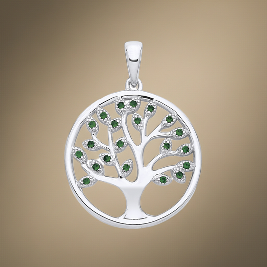 Emerald Tree of Life Pendant Solid Sterling Silver 925 Hallmark 18" Chain