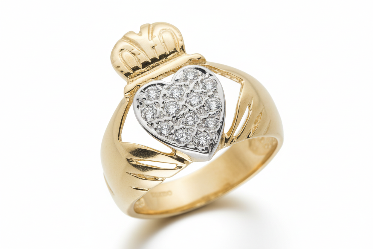 9ct yellow Gold Gents Claddagh Ring Gemstone Fully Hallmarked