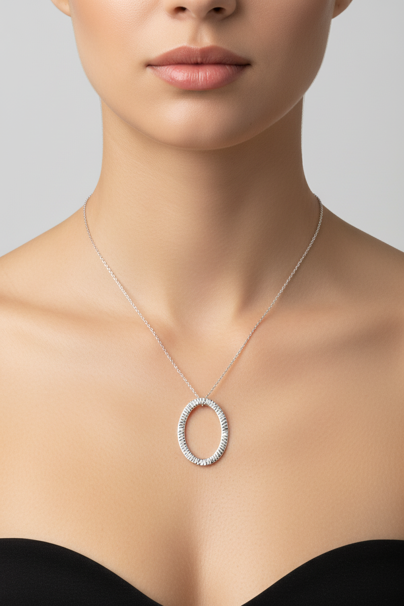 Diamond Cut Open Oval Necklace Adjustable Chain 925 Sterling Silver