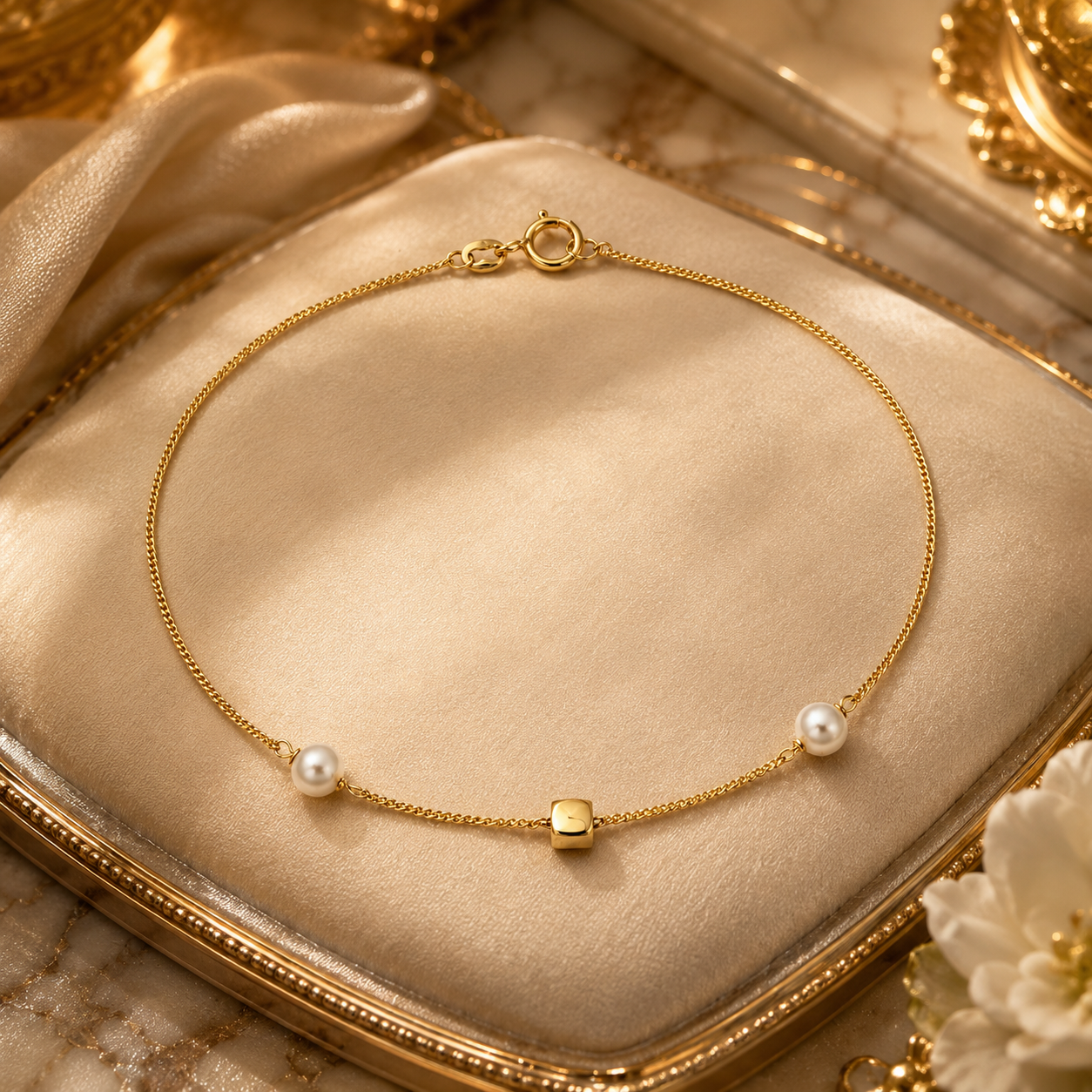 Freshwater Pearl & Geometric Bead Bracelet 9ct Yellow Gold 375 Hallmark 19cm