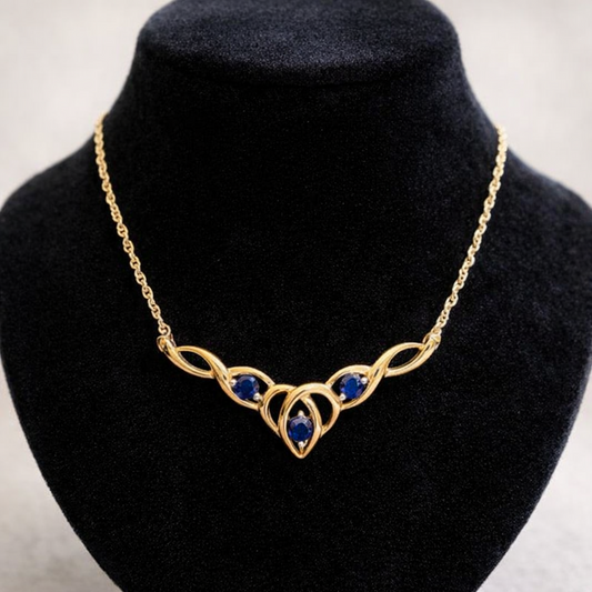 Natural Blue Sapphire Necklace With Diamond Yellow Gold 16.5" 42cm Length Chain