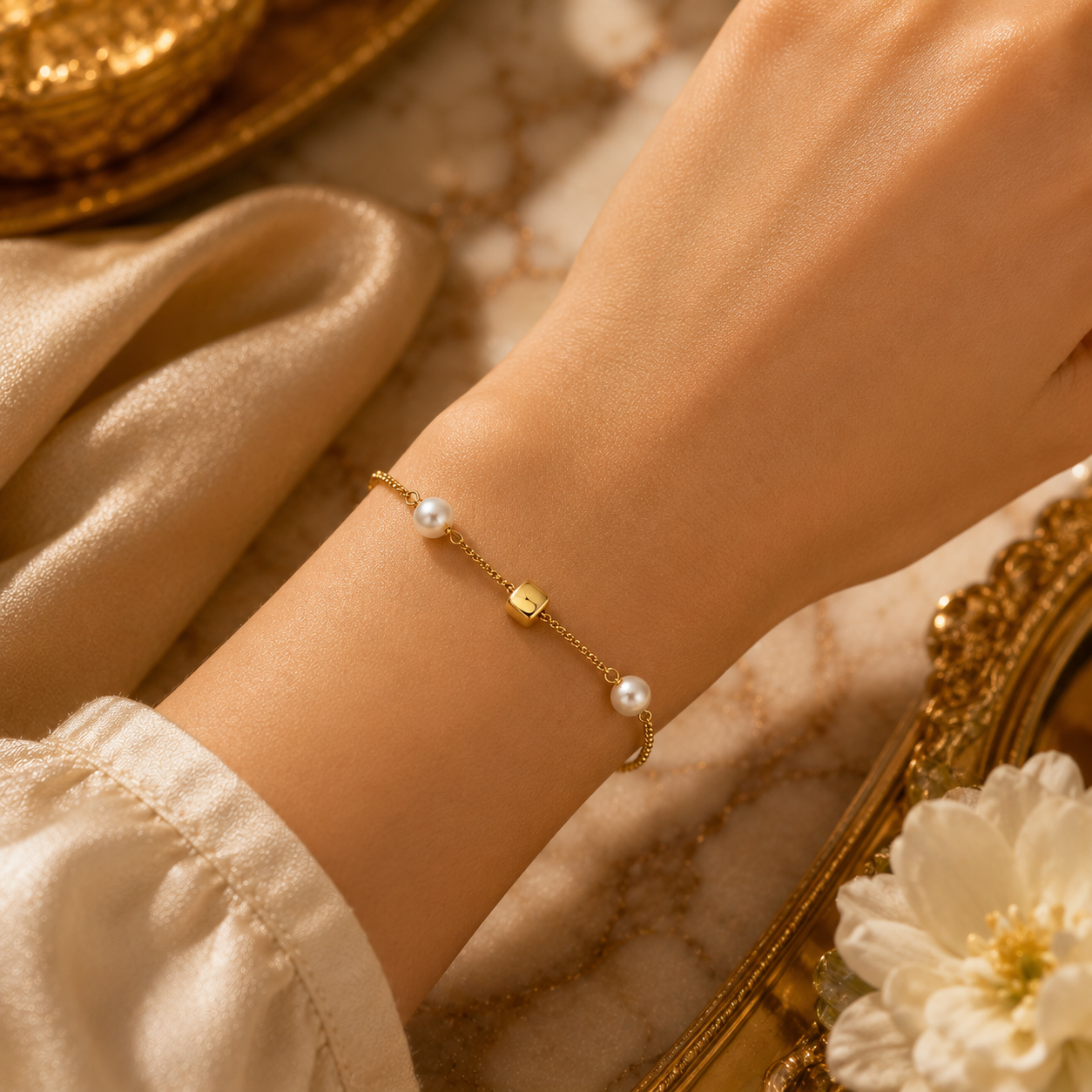 Freshwater Pearl & Geometric Bead Bracelet 9ct Yellow Gold 375 Hallmark 19cm