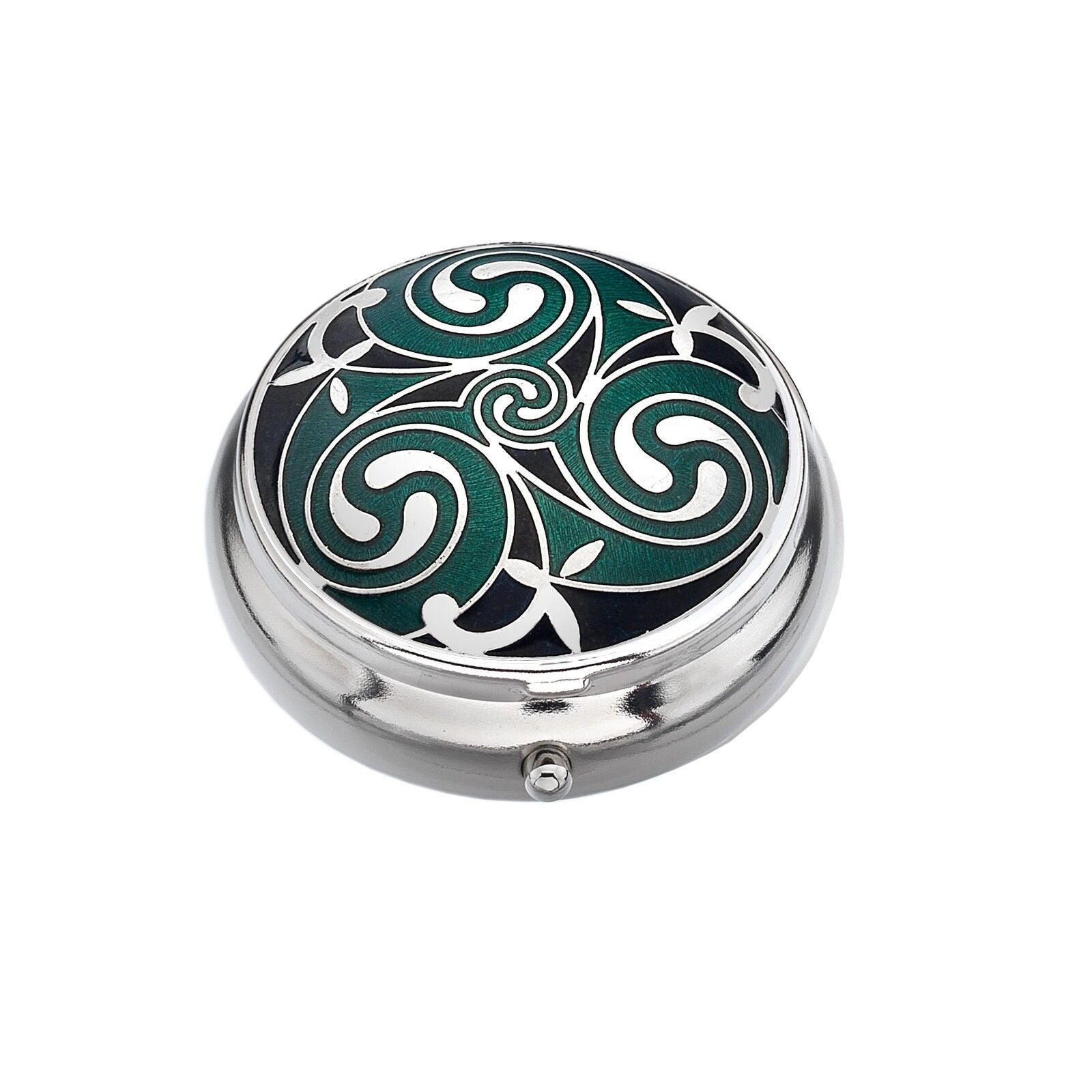 Pillbox Silver Plated Celtic Triskele Rounds Green and Black Brand New and Boxed