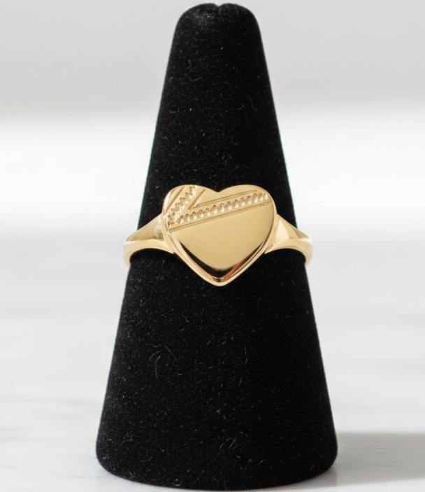 Yellow Gold Heart Signet Ring on Solid Sterling Silver 925 Hallmark Size K - S