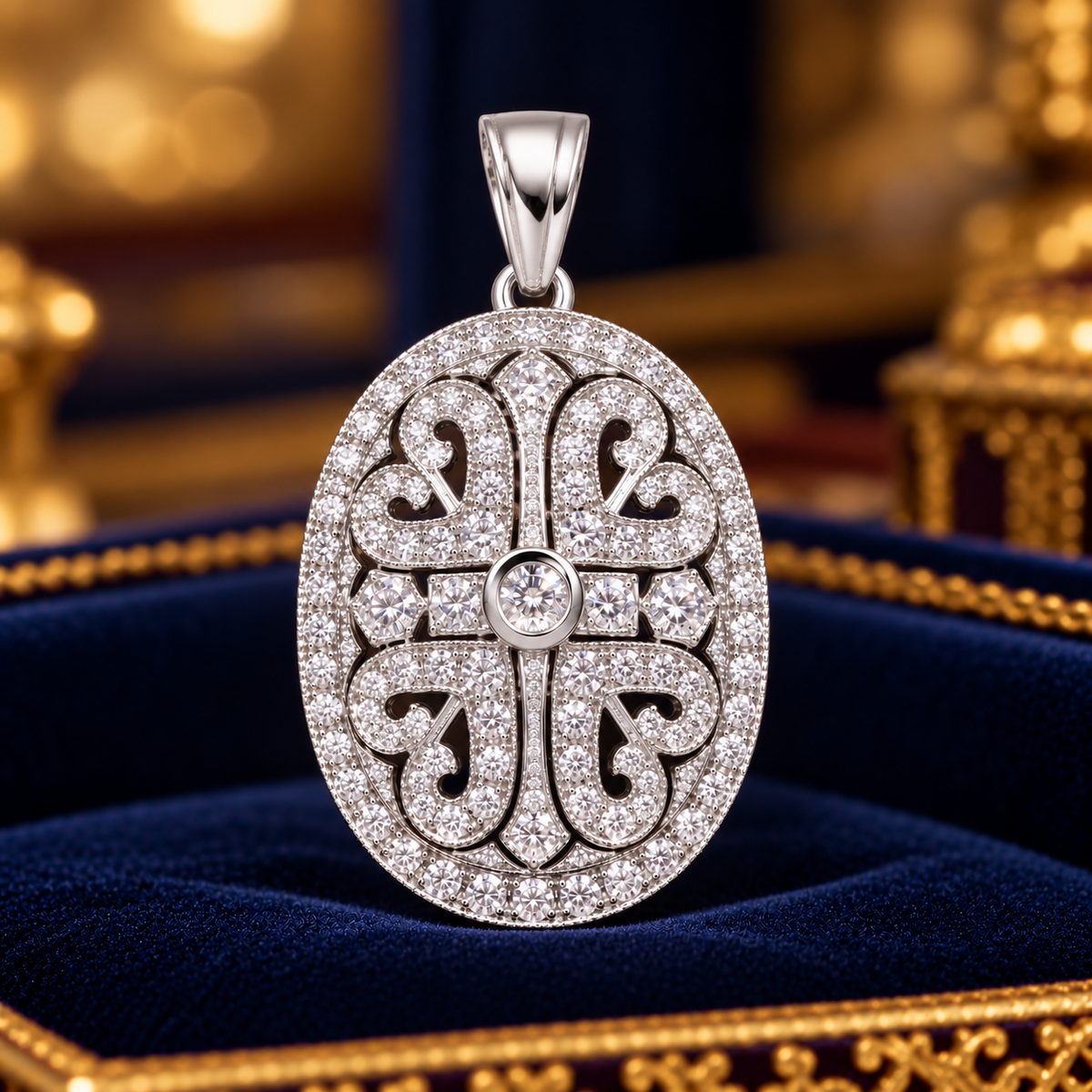 Diamond Oval Filigree Locket Pendant White Gold 30 x 17.5mm
