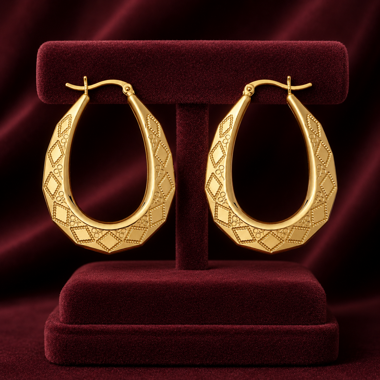 18ct Gold Oval Creole Hoop Earrings on Sterling Silver 40mm 925 Hallmark