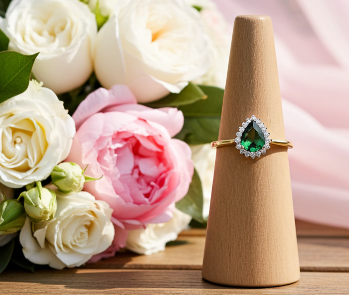 18ct Gold Emerald Pear Ring on Solid Sterling Silver 925 Hallmark Sizes K-S