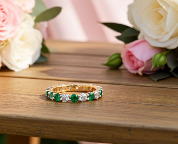18ct Gold Emerald Full Eternity Ring on Solid Sterling Silver 925 Hallmarked